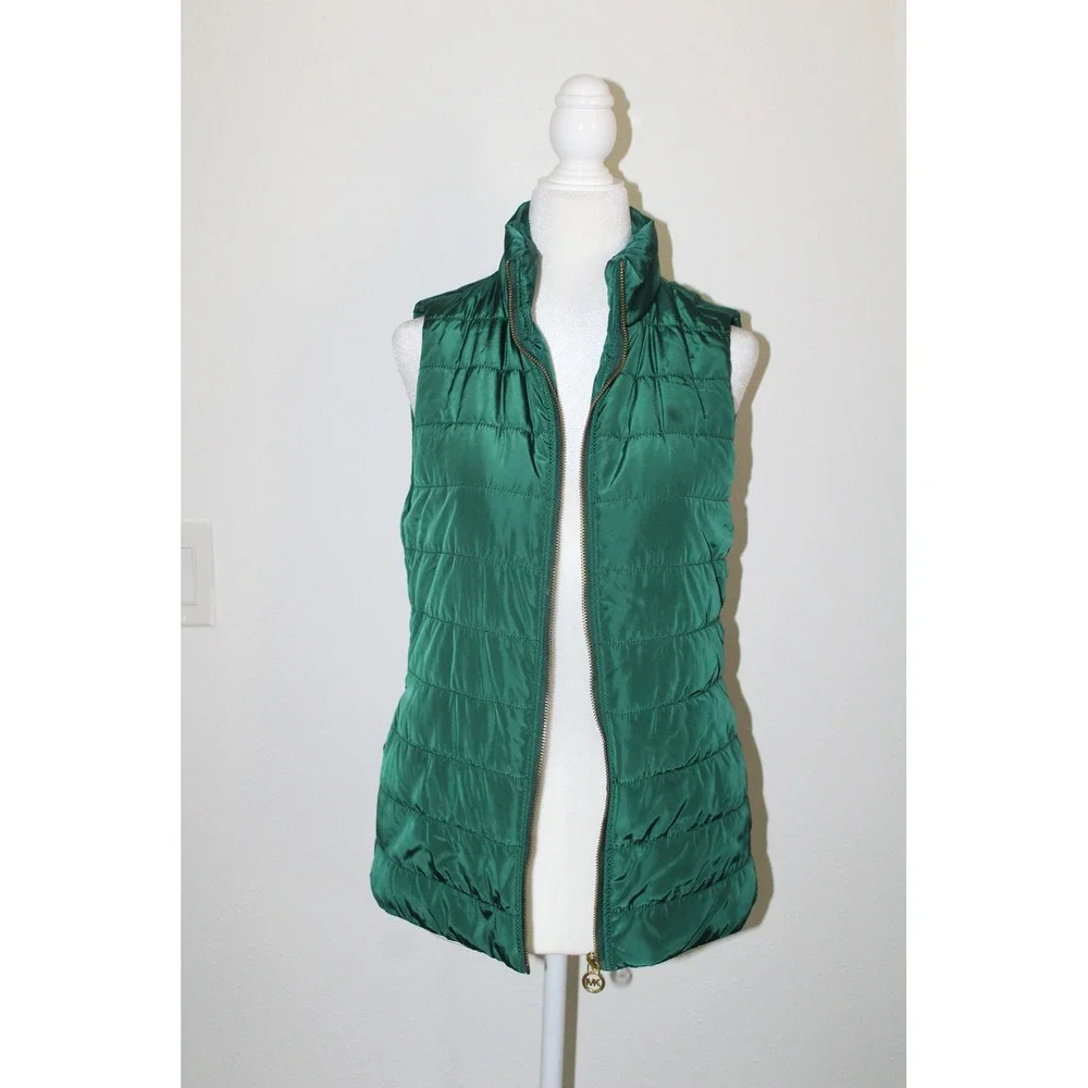 Michael Kors Women's Emerald Green Quilted Puffer Vest Gold Hardware XS Preppy